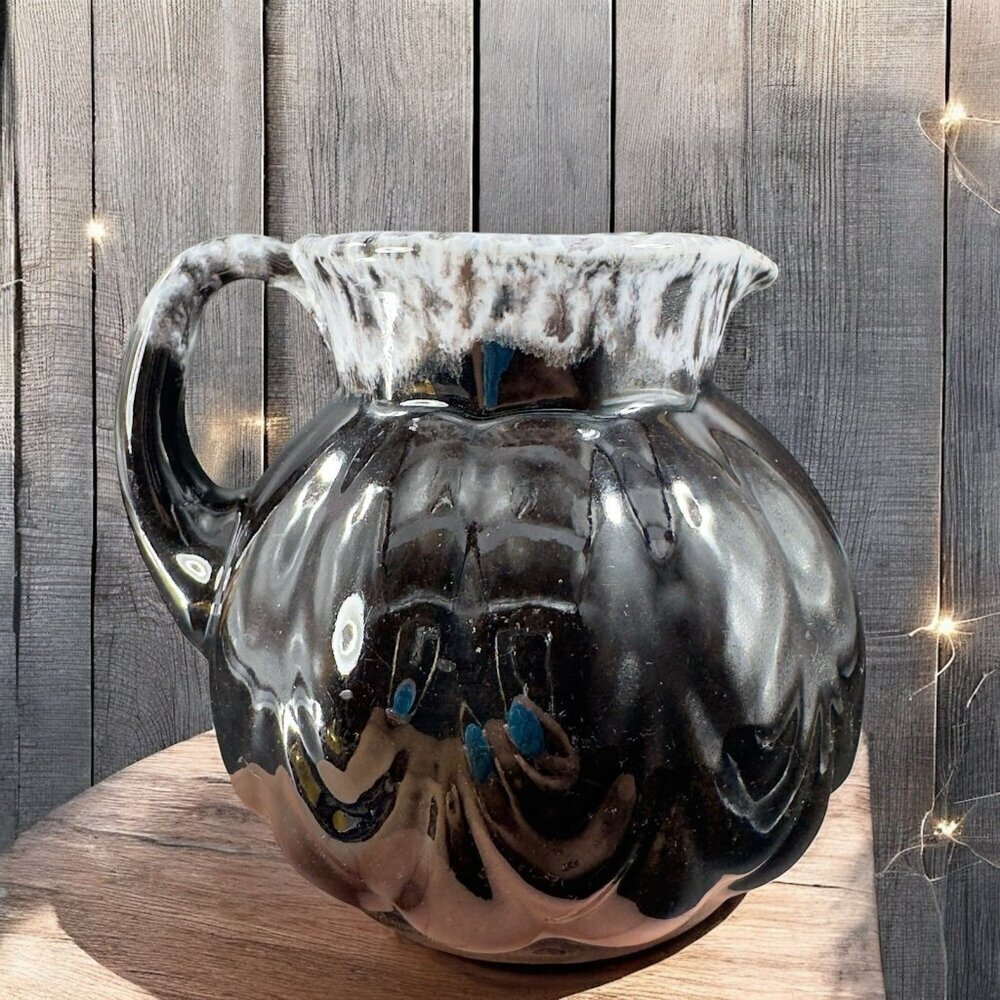 Vintage Canadian Pottery Carafe Jug Pitcher‎ Black With White Drip Glaze Marked